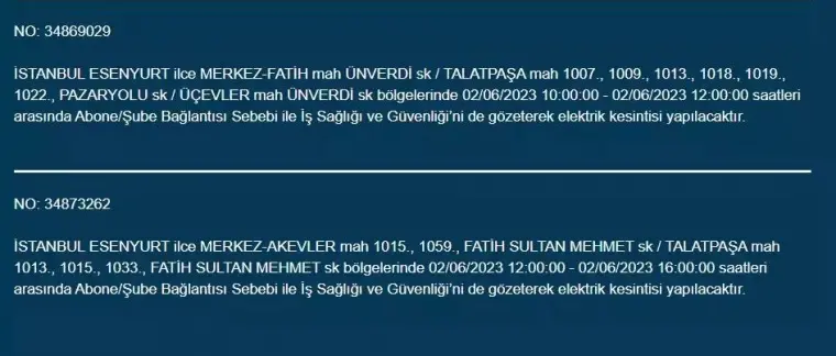 İstanbul'da O İlçelerde Elektrik Kesintisi Var! 02 Haziran 2023 Cuma 10